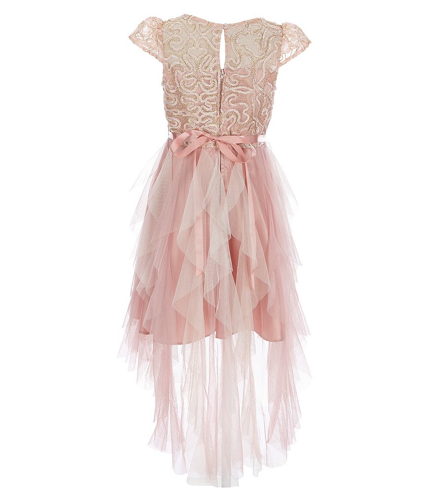 Rare Editions Big Girls 7-16 Short-Sleeve Illusion Bodice Mesh High-Low Hem Cascade Dress