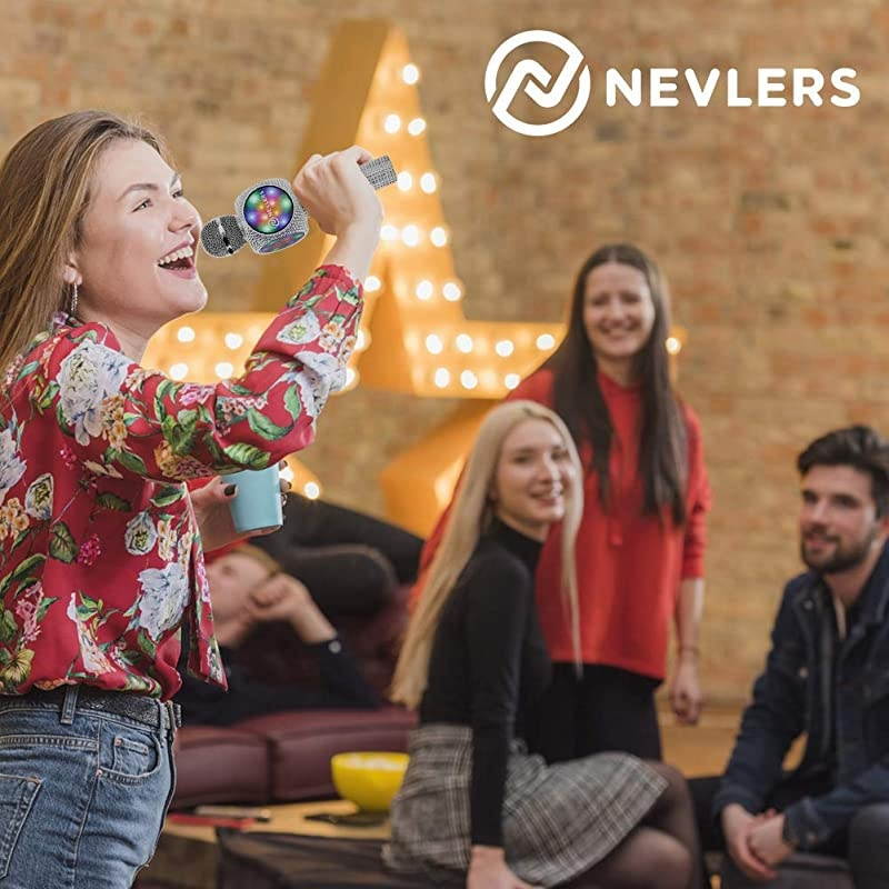 Karaoke Microphone with Wireless Bluetooth Speaker Voice Changer and Colorful LED Lights Easy To Use Portable Karaoke Machine for Kids and Adults SILVER BLING