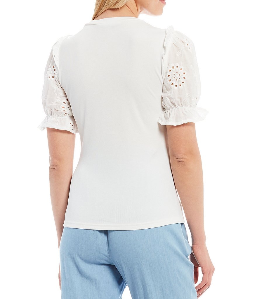 Sugarlips Crew Neck Eyelet Puff Sleeve Shoulder-Frill Detail Mixed Media Top