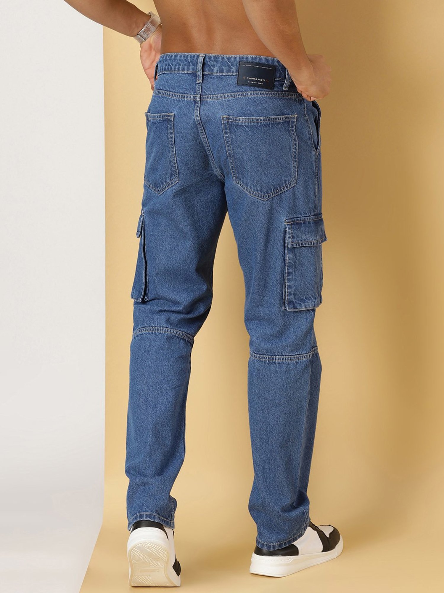 Thomas Scott Blue Relaxed Fit Lightly Washed Cargo Jeans