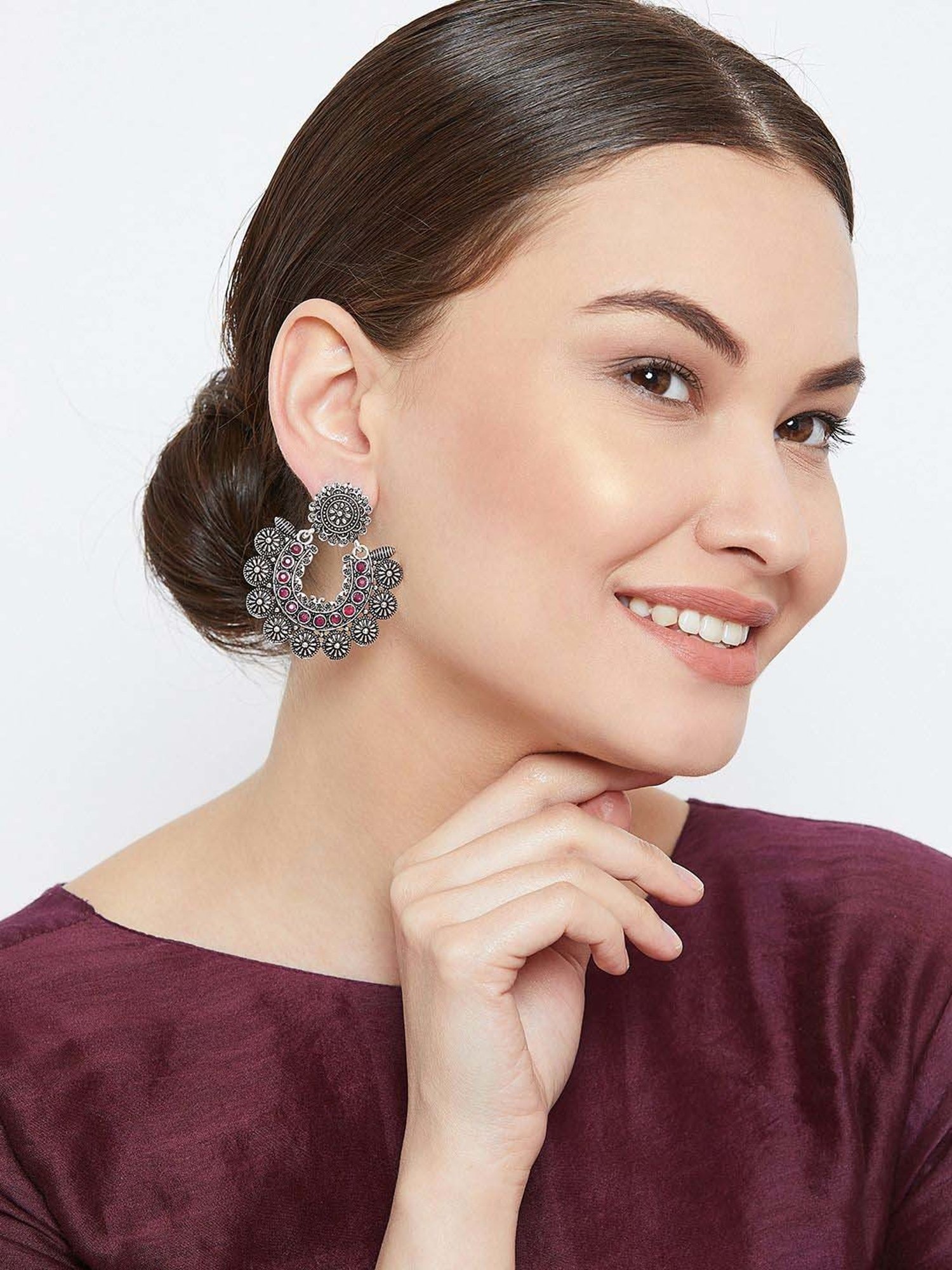 Panash Silver-Plated and Pink Oxidised Chand Bali Earrings