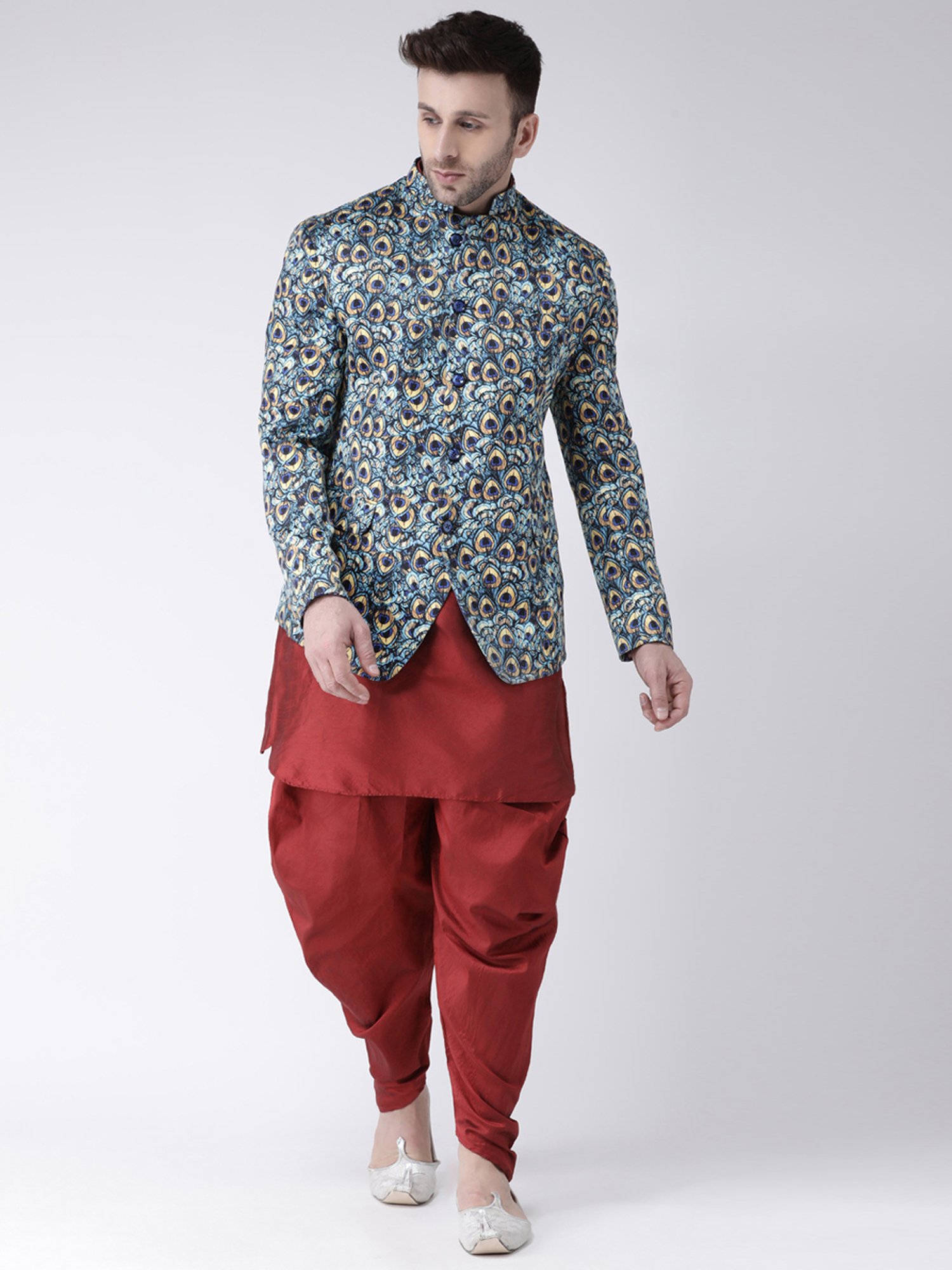 Hangup Plus Blue Regular Fit Printed Ethnic Blazer