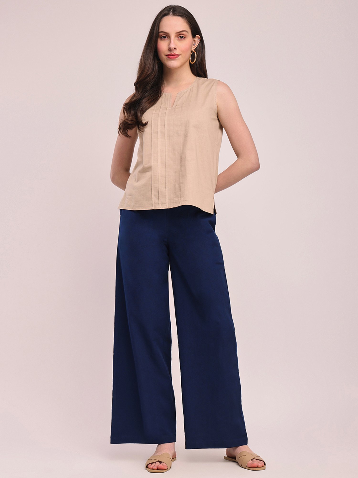 Pink Fort Navy Cotton Relaxed Fit Palazzos
