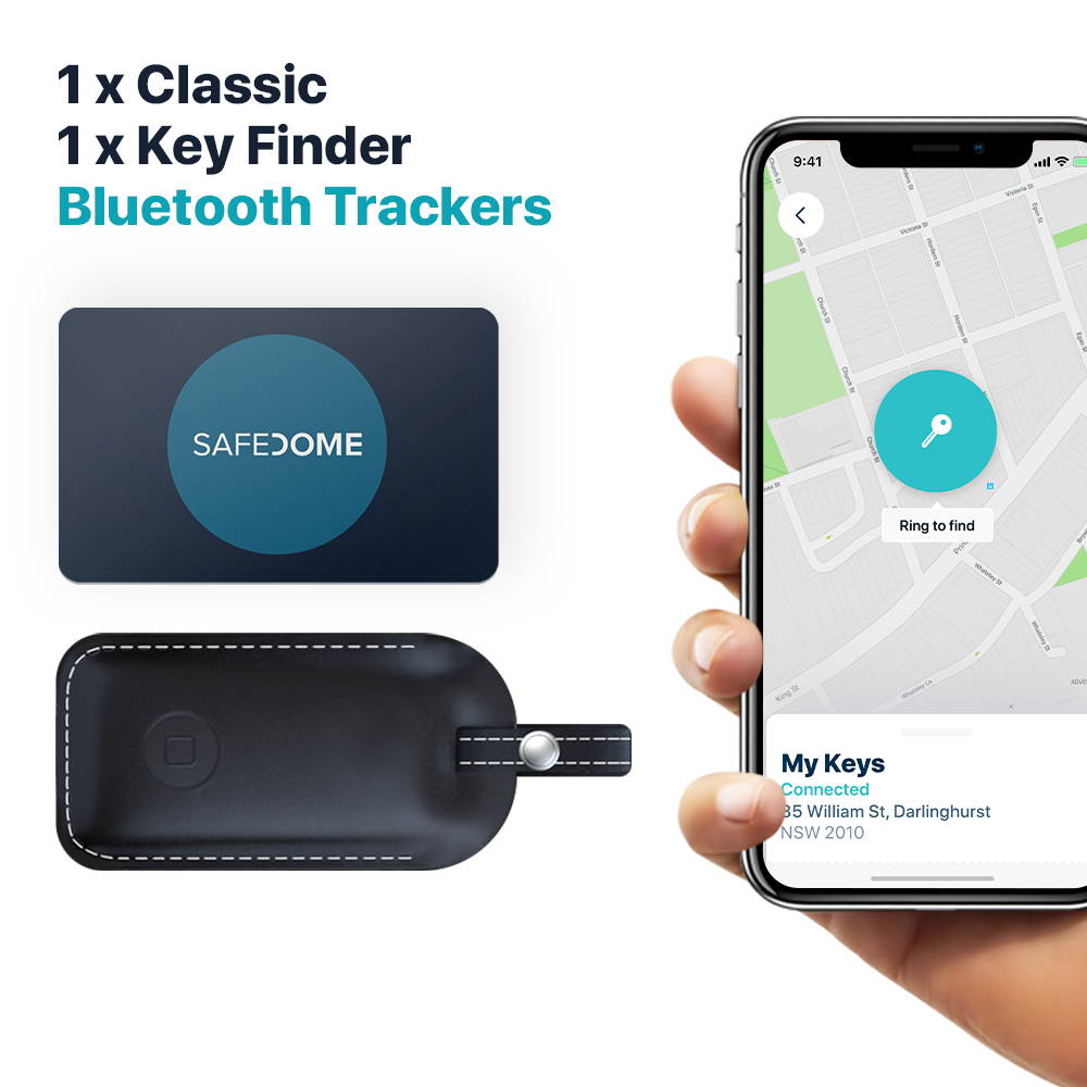 Safedome Classic Combo Pack, 1x Classic Bluetooth Lost Item Tracker Card, 1x Smart Key Locator Fob, Item Finder With GPS-Like Bluetooth Tracking for Lost Keys, Phone and Wallet, Free Companion App