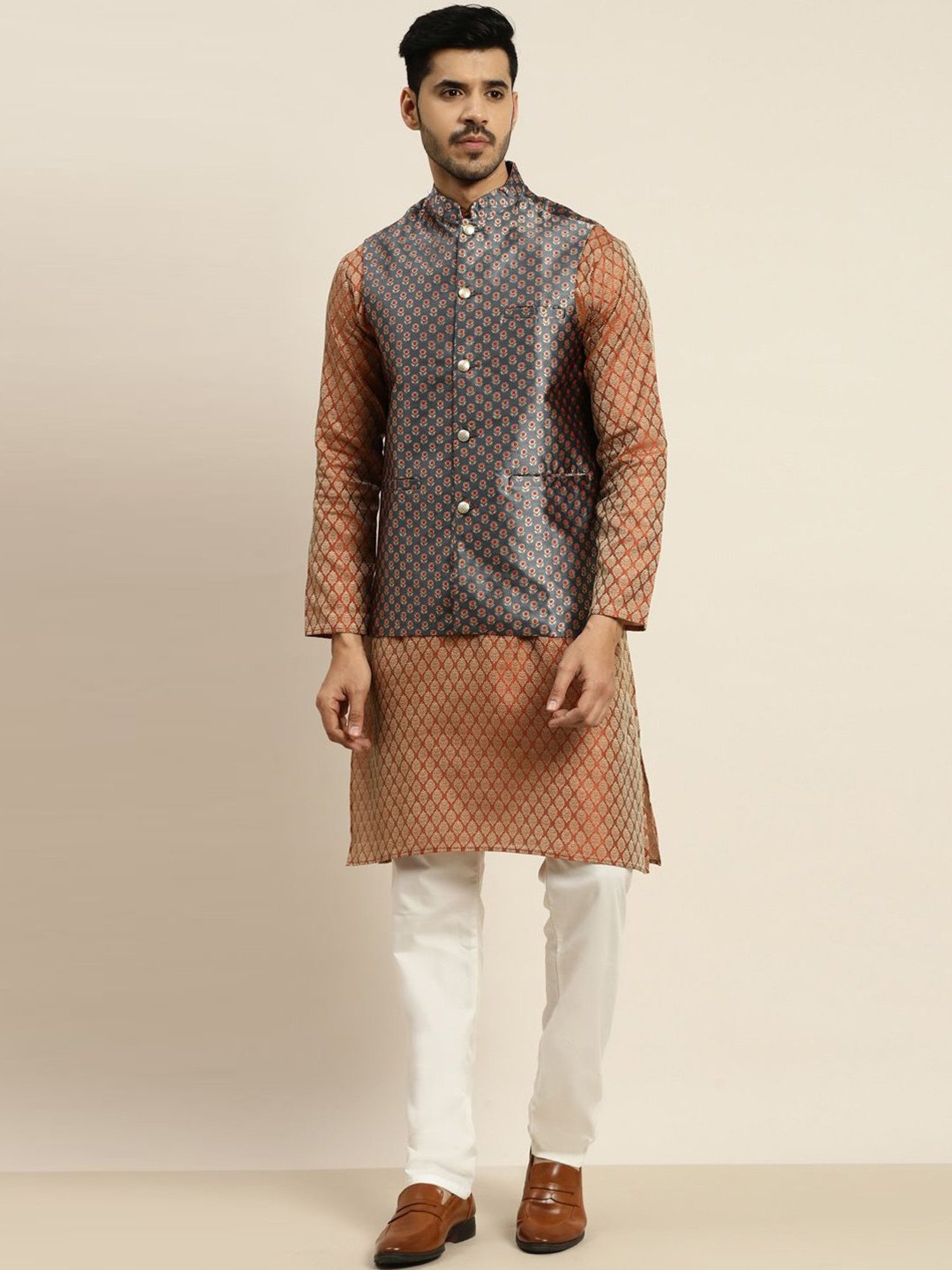 Sojanya Orange & Grey Regular Fit Self Pattern Kurta Set With Jacket