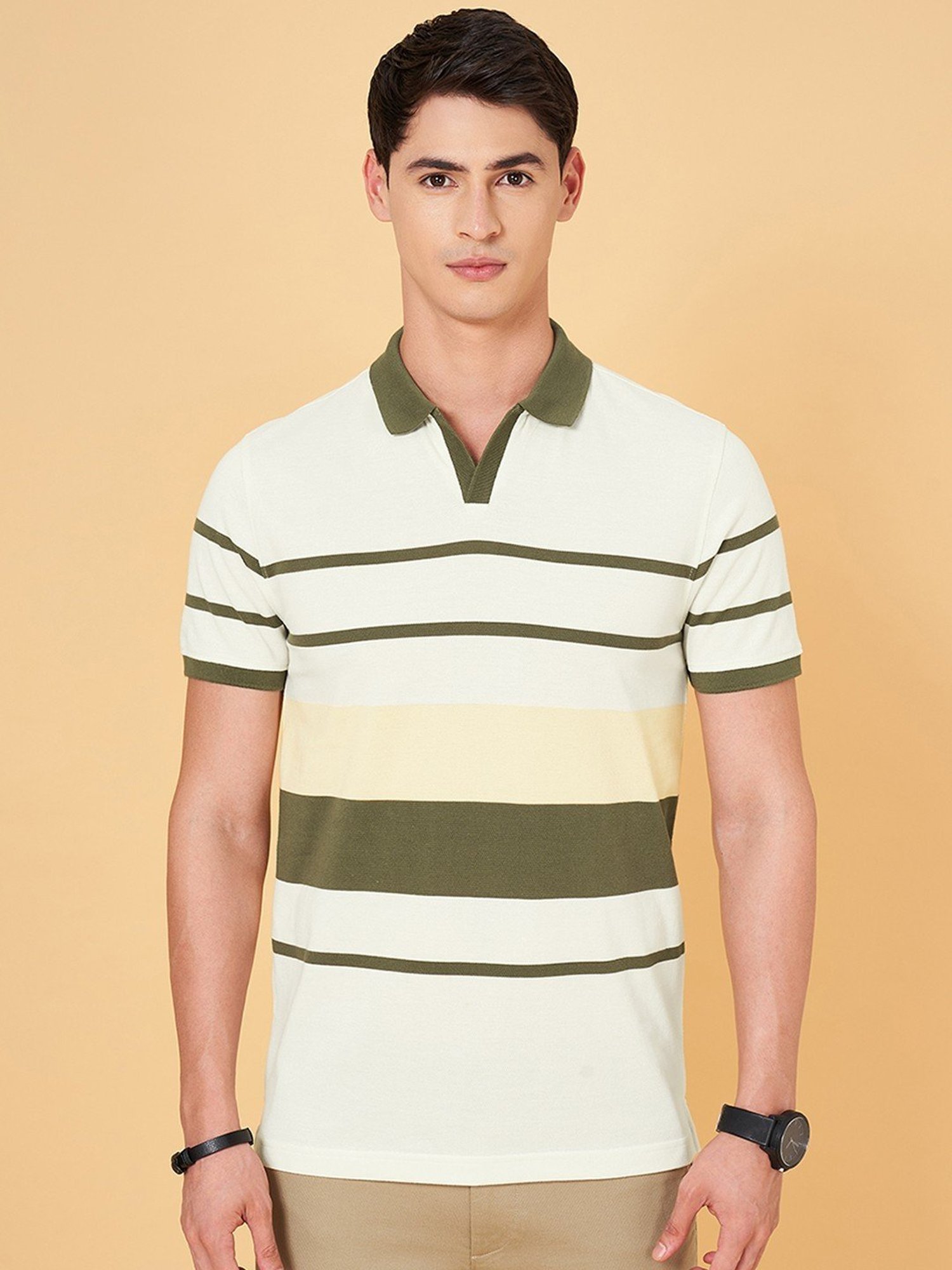 Byford By Pantaloons Green Slim Fit Striped Polo T-Shirt