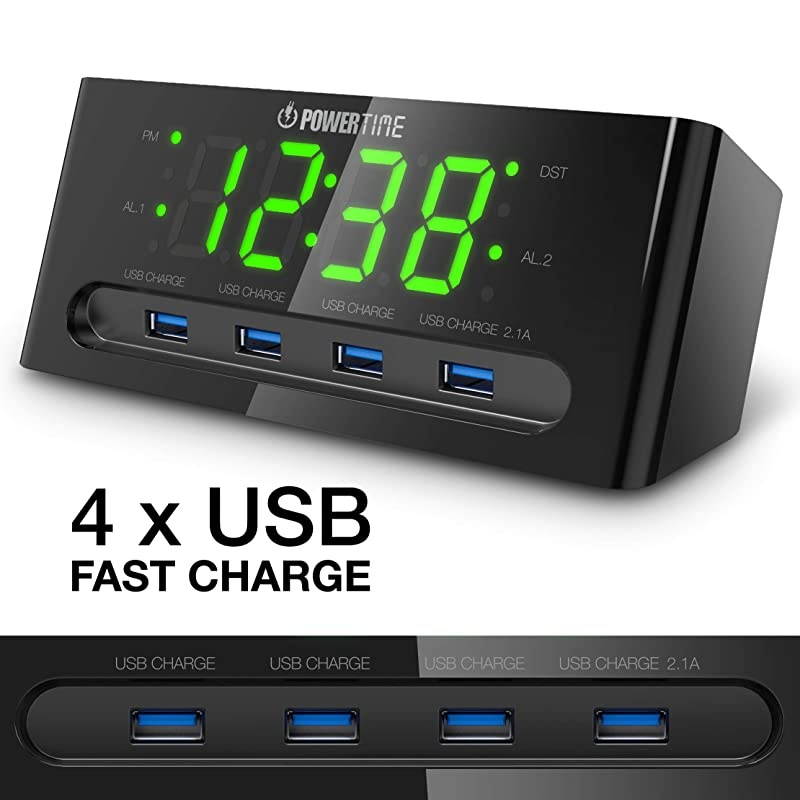 Alarm Clock with USB Charger 4 USB Port for iPhoneiPadiPodAndroid PhoneTablet and All USBCharged Devices Hotel Commercial Grade Bedside Table Clock