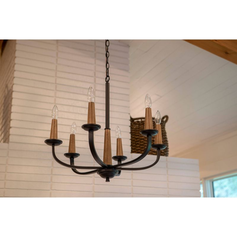 6 Light Rotterdam Metal and Wood Effect Pendant Black and Wood - Decor Therapy