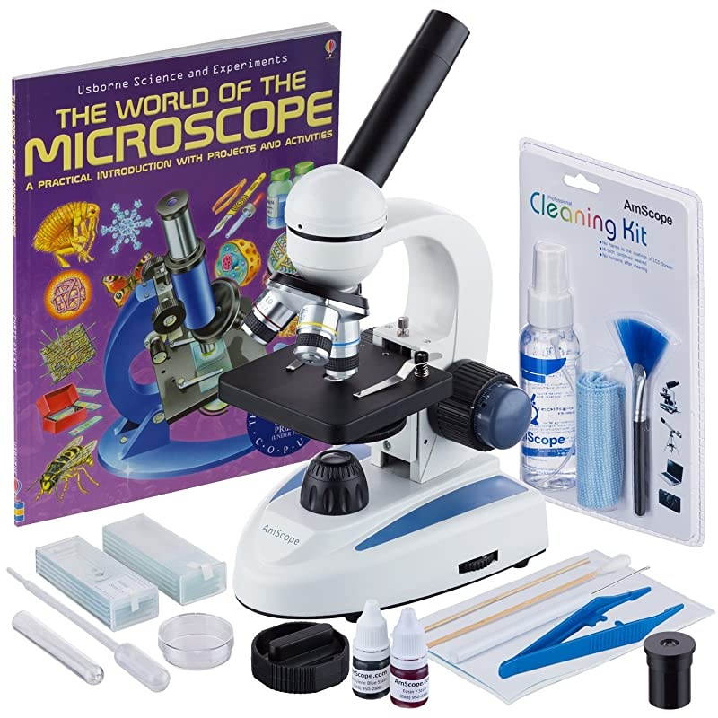 M158C-SP14-CKI-WM 40X-1000X Student Cordless LED Compound Microscope+ Slide Preparation + Cleaning Kit and Book