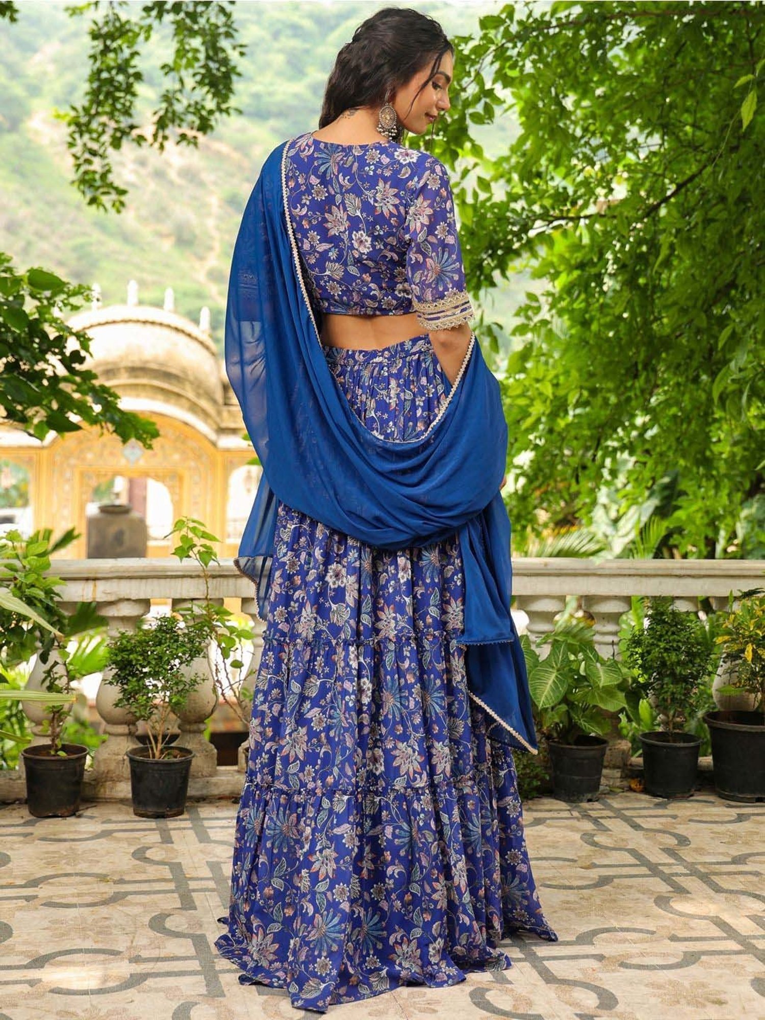 Janasya Blue Printed Lehenga Choli Set With Dupatta