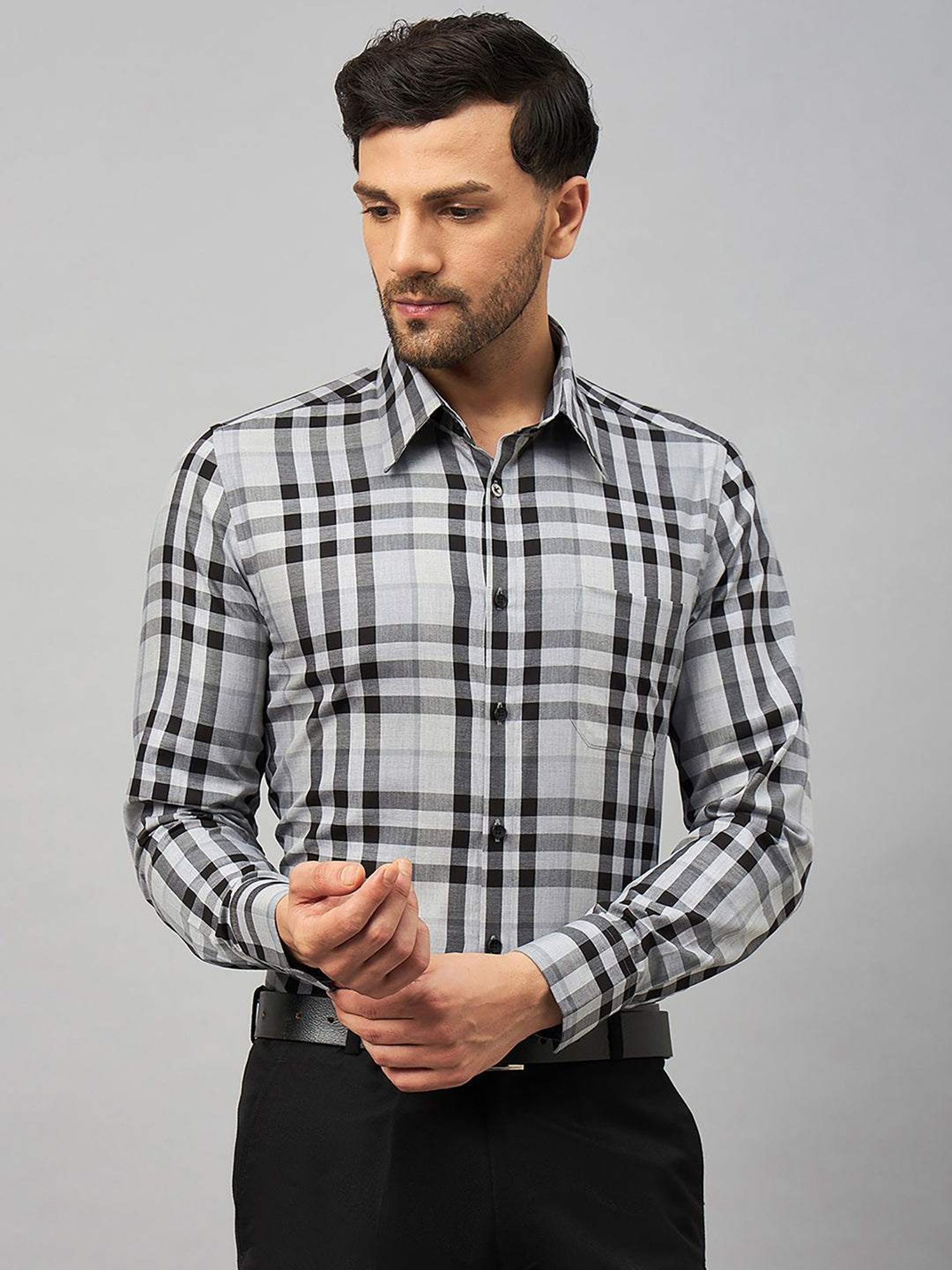 Louis Stitch Grey Cotton Regular Fit Checks Shirt