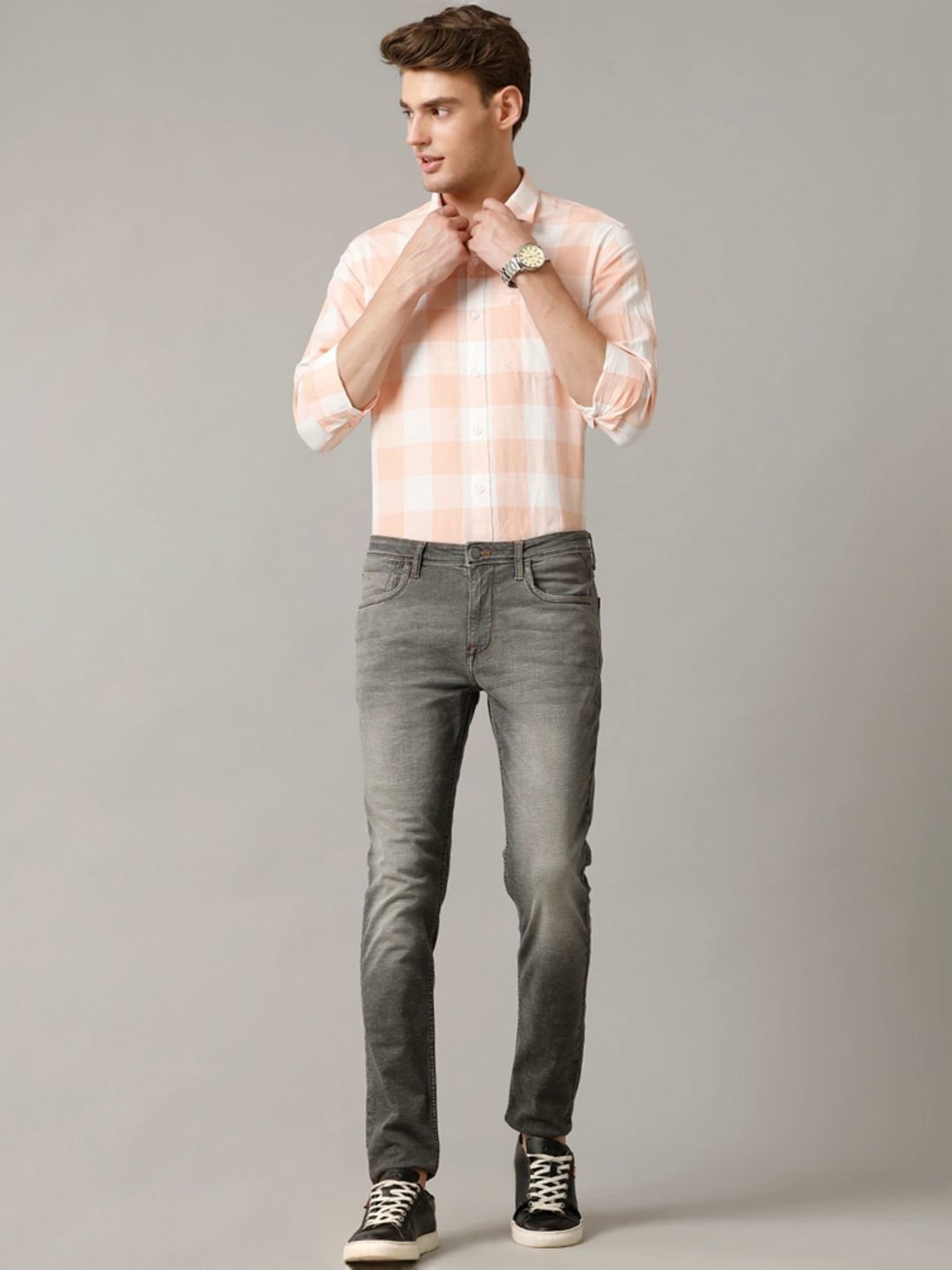 Cavallo By Linen Club Orange Linen Contemporary Fit Checks Shirt