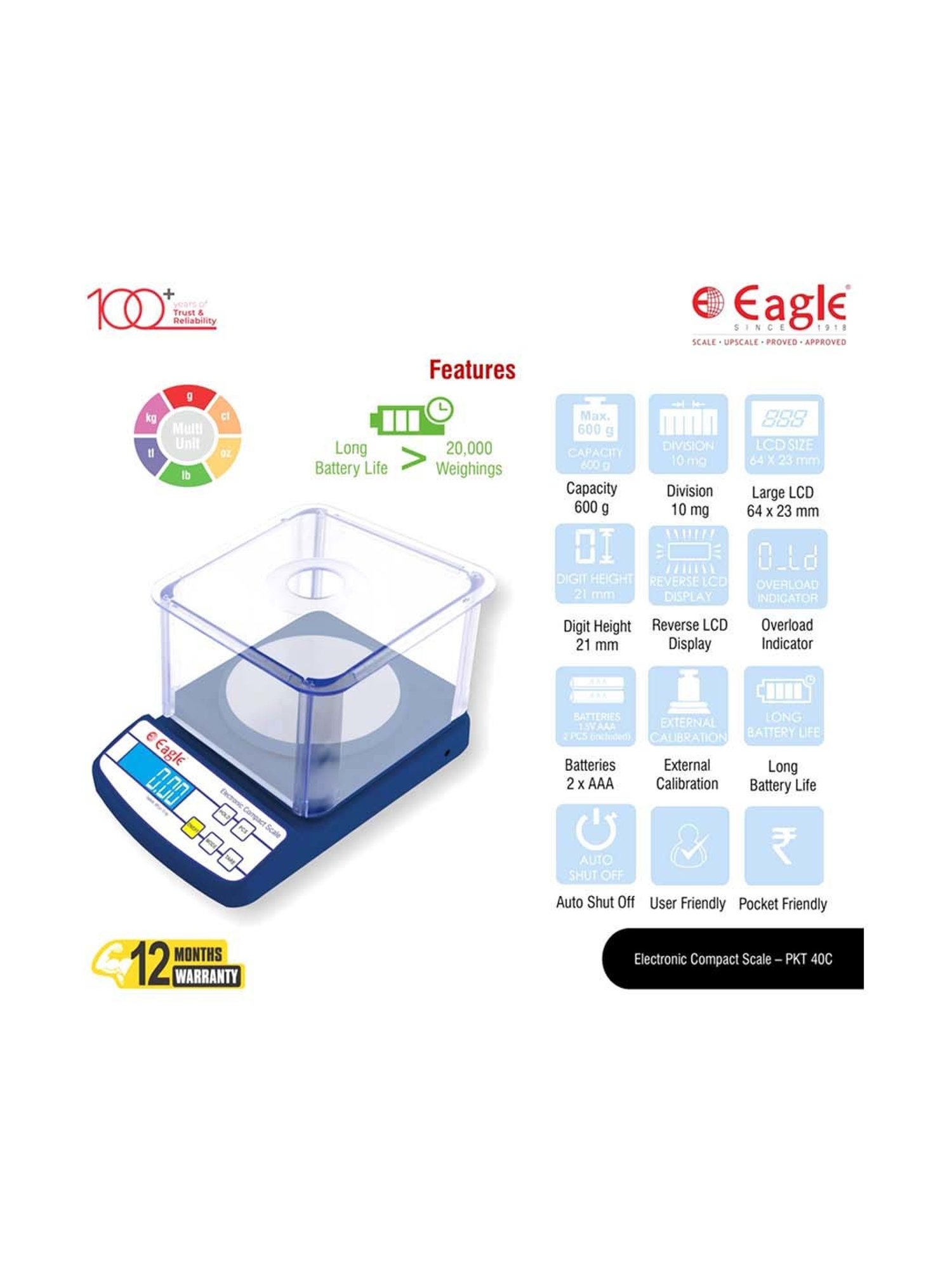 Eagle PKT-40C Digital Weight Machine for Gold 600 g Capacity, 0.01 g Accuracy, Gold Weighing Machine