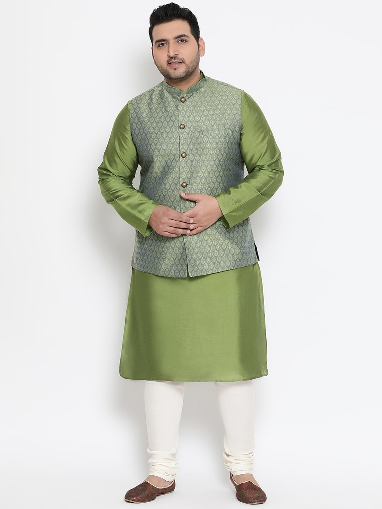 KISAH PLUS Green Regular Fit Jacquard Nehru Jacket