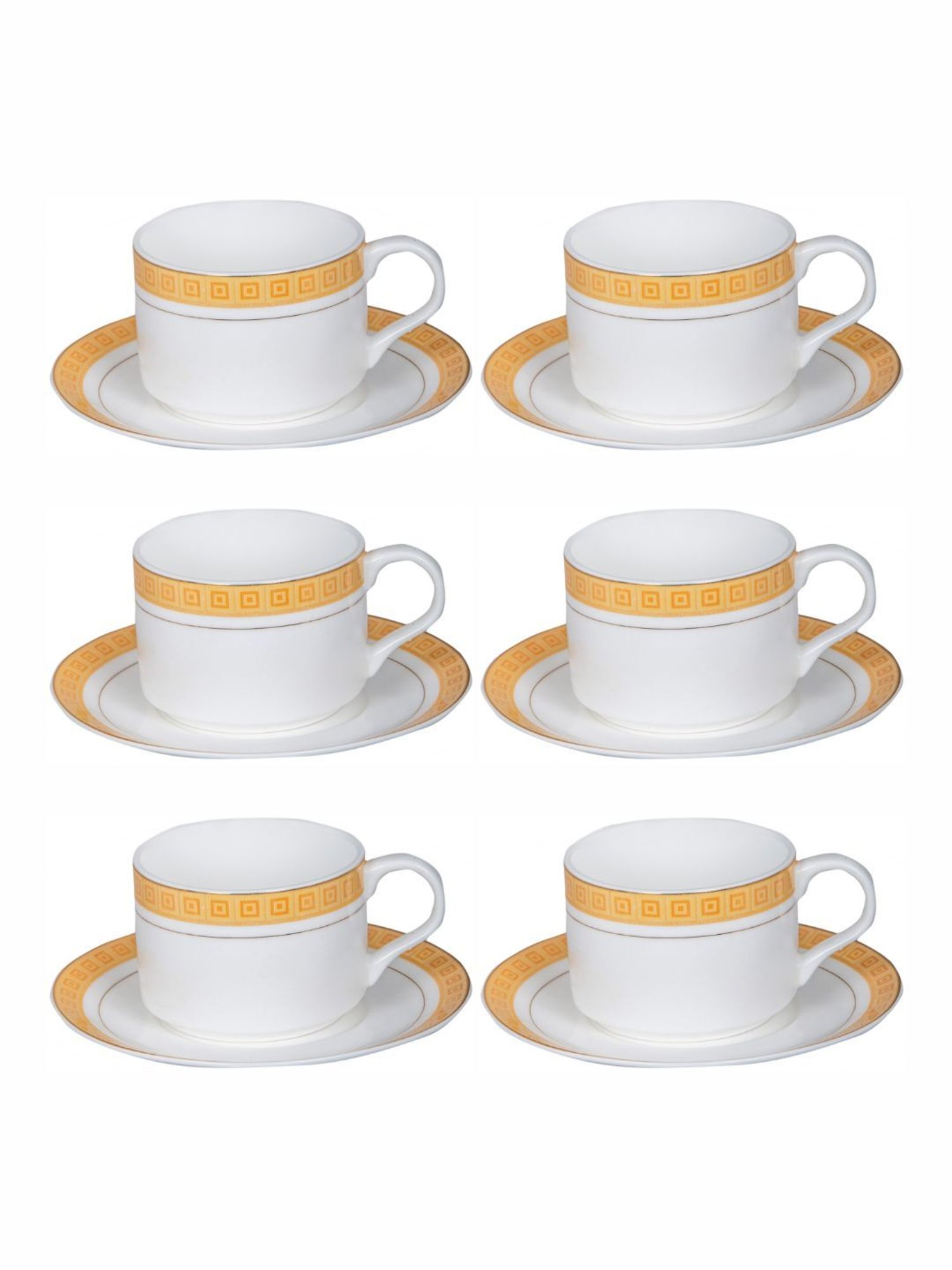White Gold Printed White Porcelain Tea Cup & Saucer - Set of 6 (120ml)