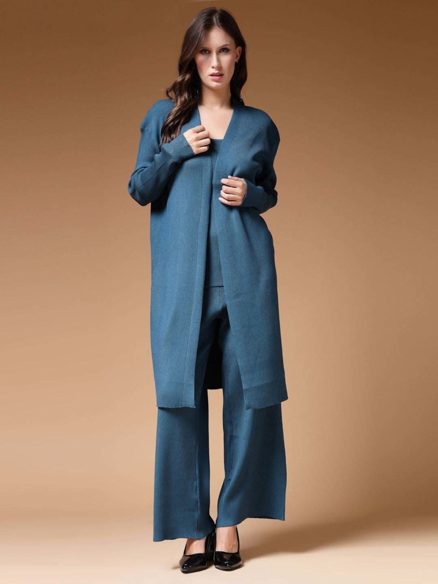 Mafadeny Teal Blue Plain Top Pants Set With Shrug