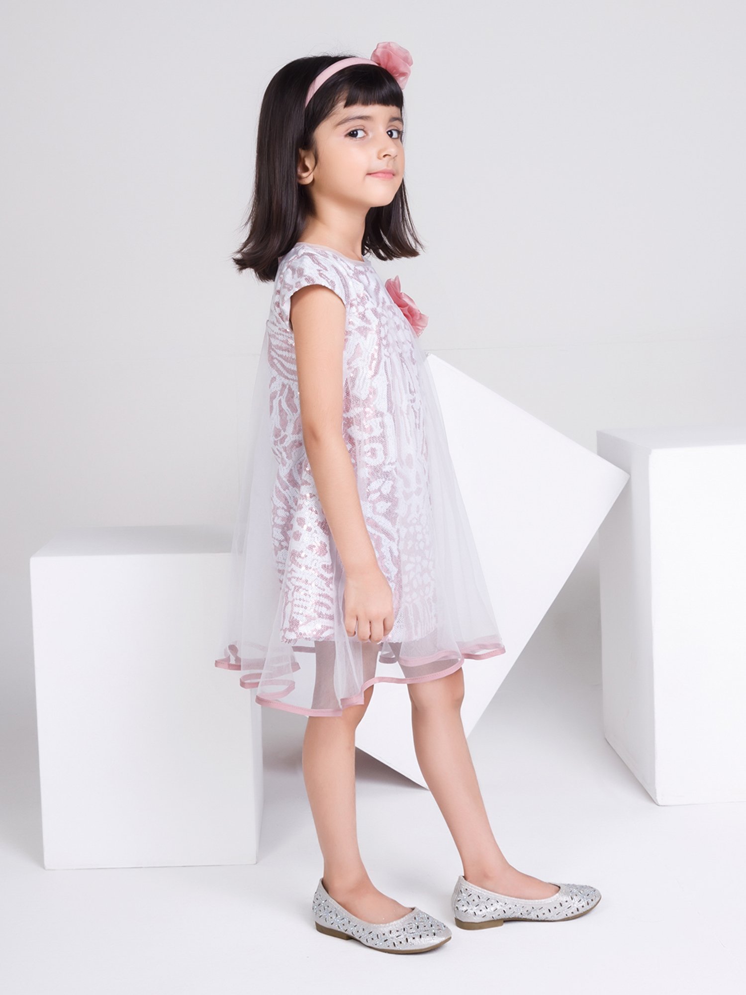 Peppermint Kids Mauve & White Embellished Dress
