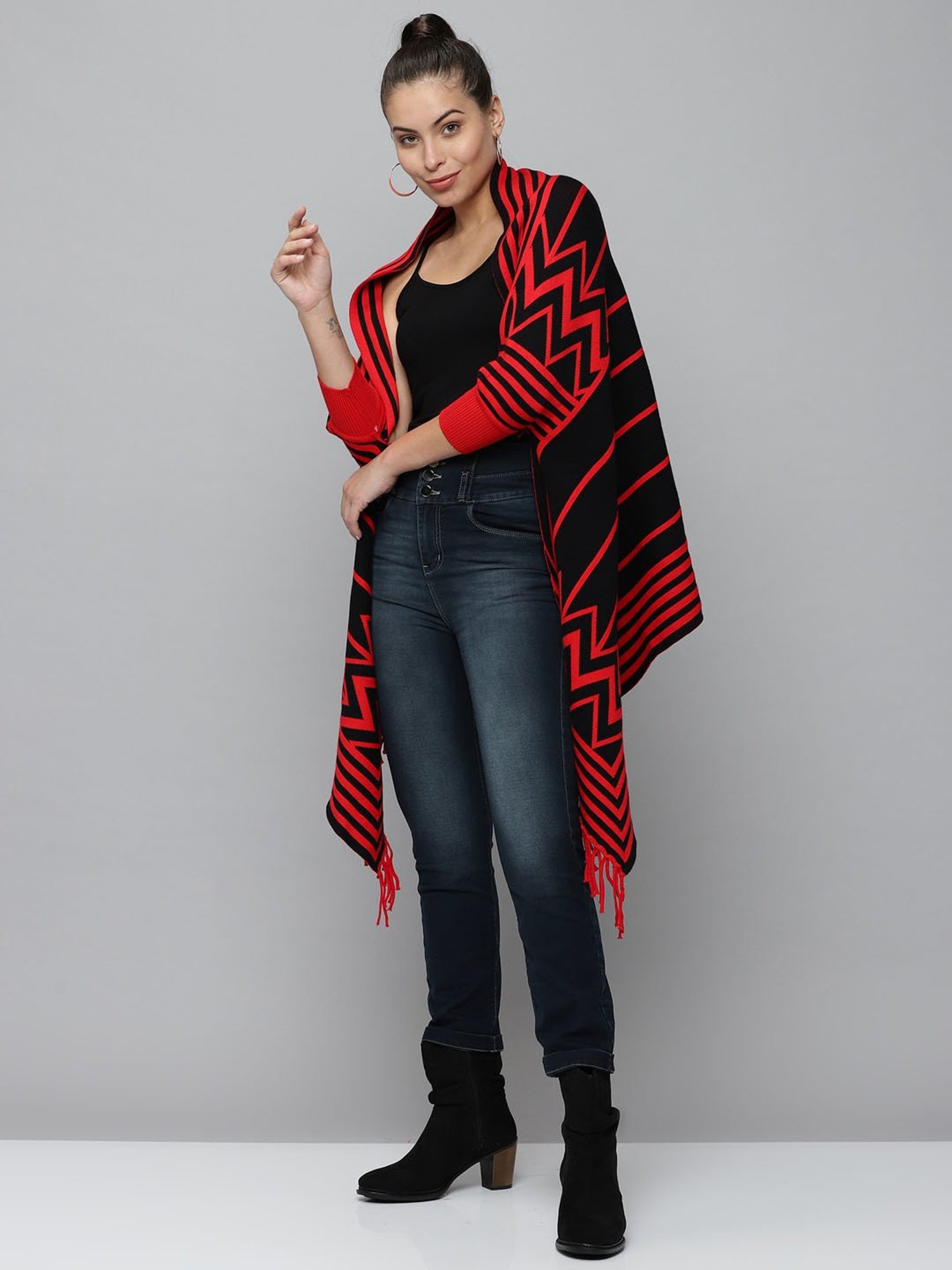 SHOWOFF Red & Black Striped Poncho