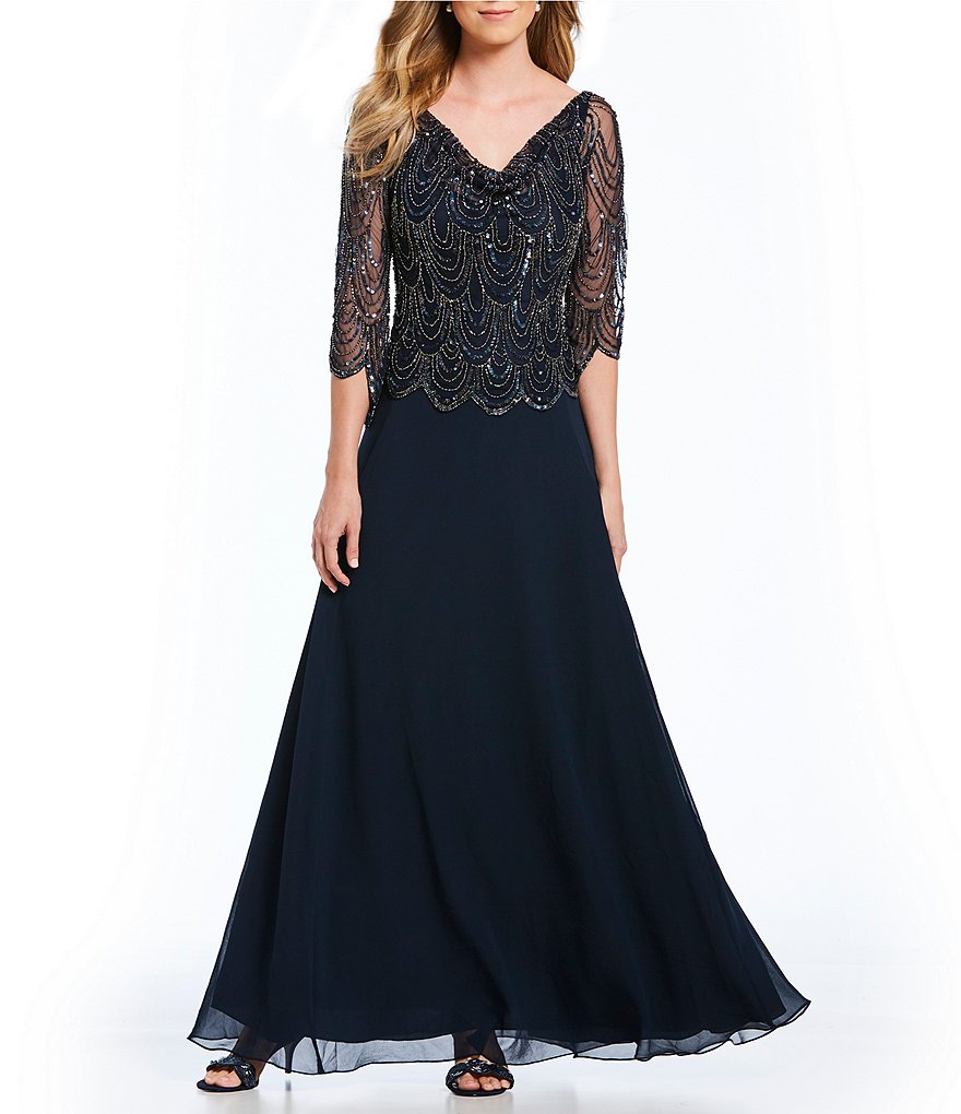 Jkara Cowl Neck Beaded Bodice Chiffon Gown
