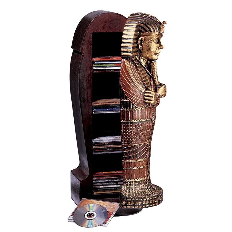 King Tutankhamen's Egyptian Mummy Sarcophagus Coffin DVD Storage Cabinet, 27 Inch, Gold Leaf