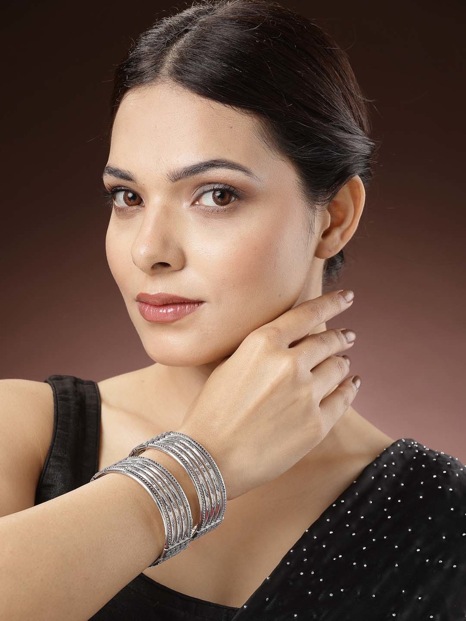 NVR Silver-Toned German Silver Oxidized Kada Bangle for Women