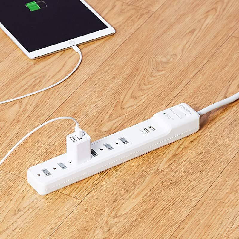 Basics 6Outlet Surge Protector Power Strip with 2 USB Ports 500 Joule White 2Pack