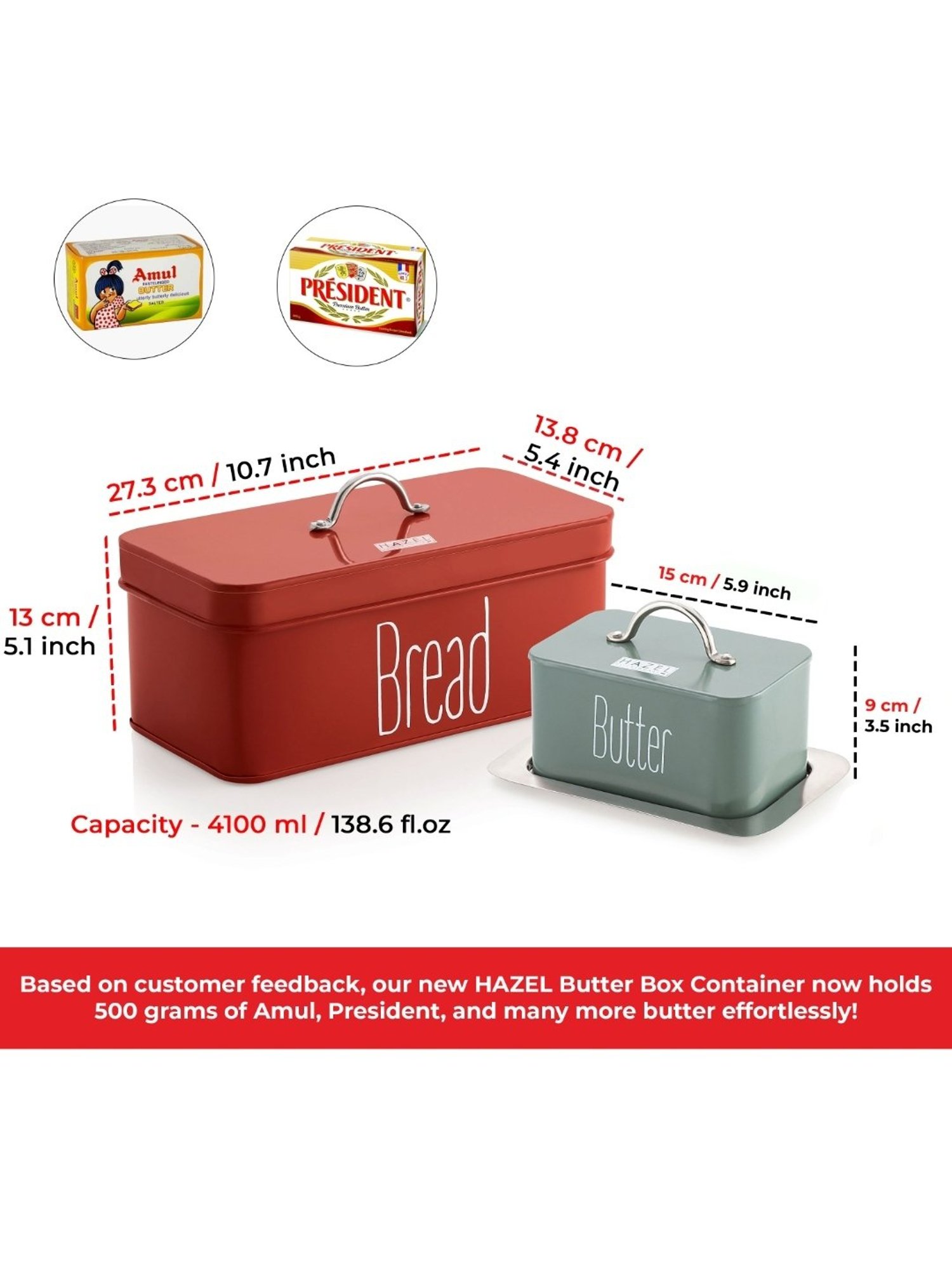 HAZEL Red and Olive Green Galvanized Metal Bread Butter Box - Set of 2 (4.1L)