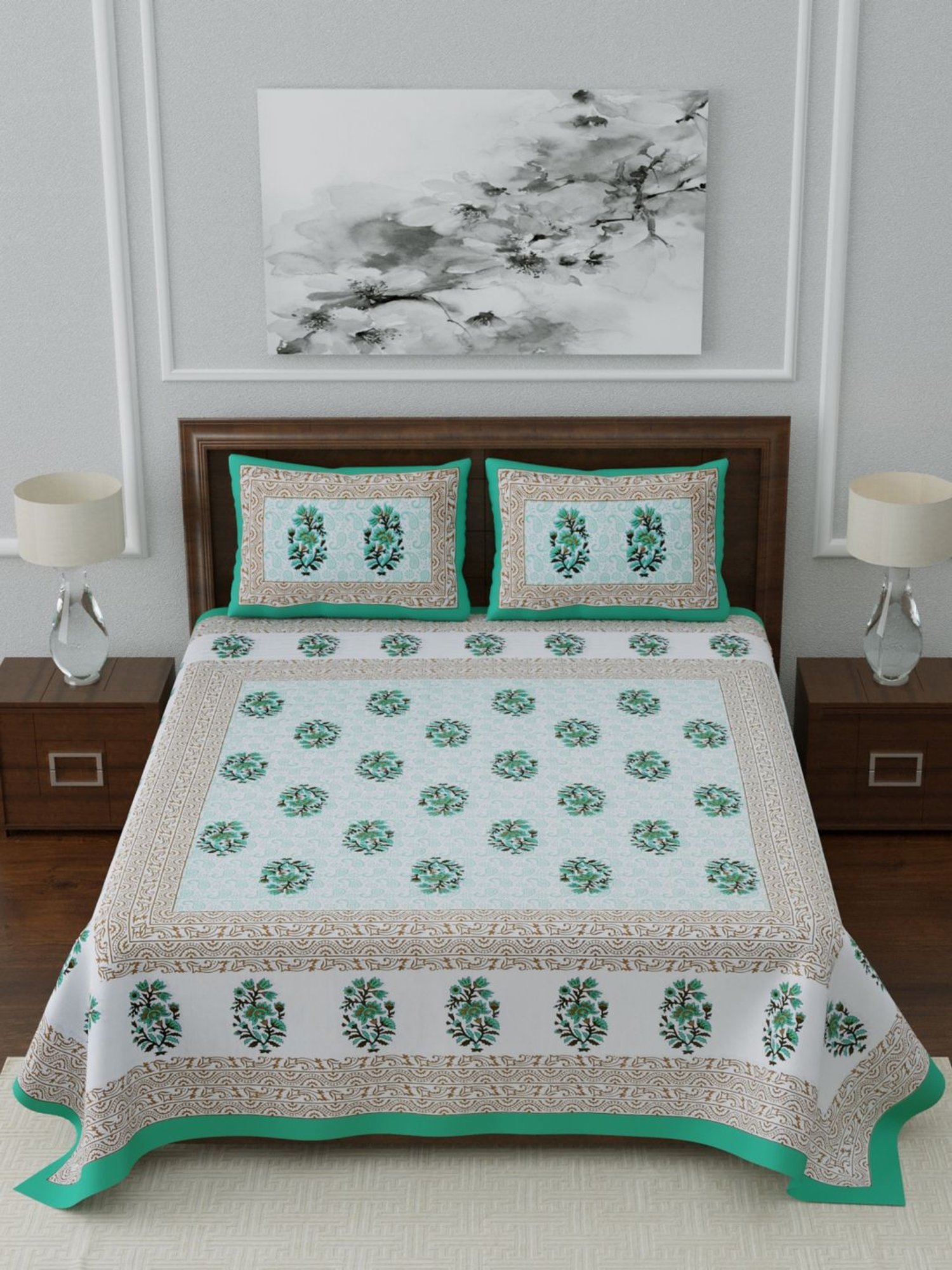 Living Roots Multicolor Jaipuri Printed Cotton Bed Sheet with 2 Pillow Cover