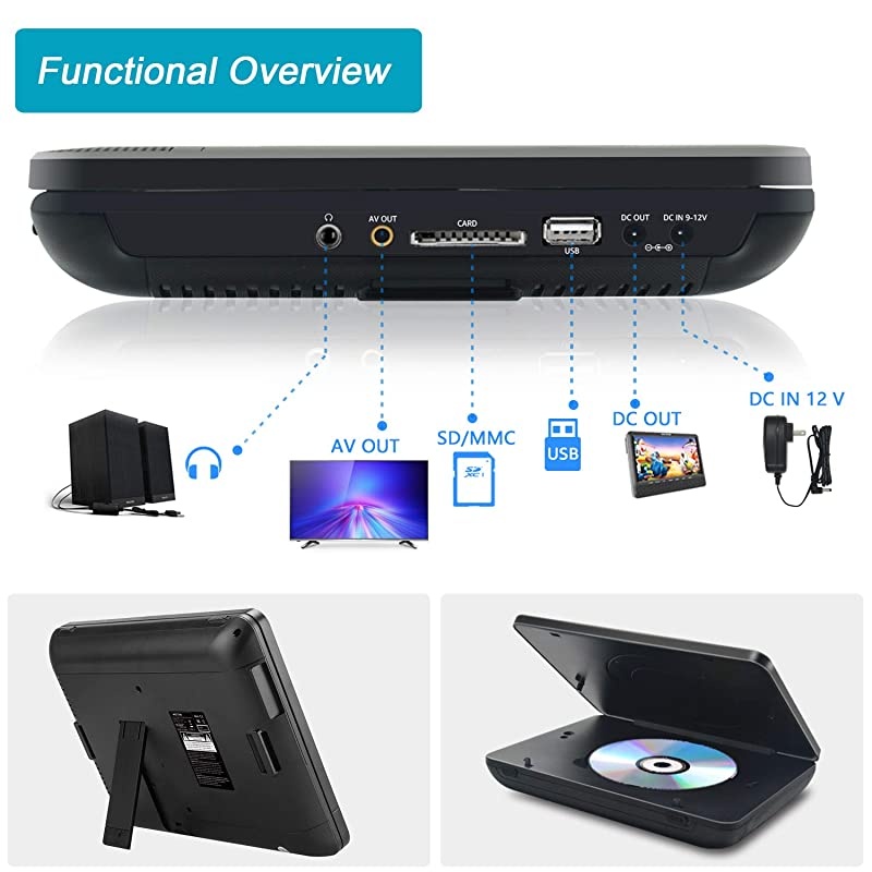 10.5'' Car Dual DVD Player Portable Kids Headrest CD Players, Two Mounting Brackets Built-in 5 Hours Rechargeable Battery Great for Family Travel (1 Player+1 Monitor)