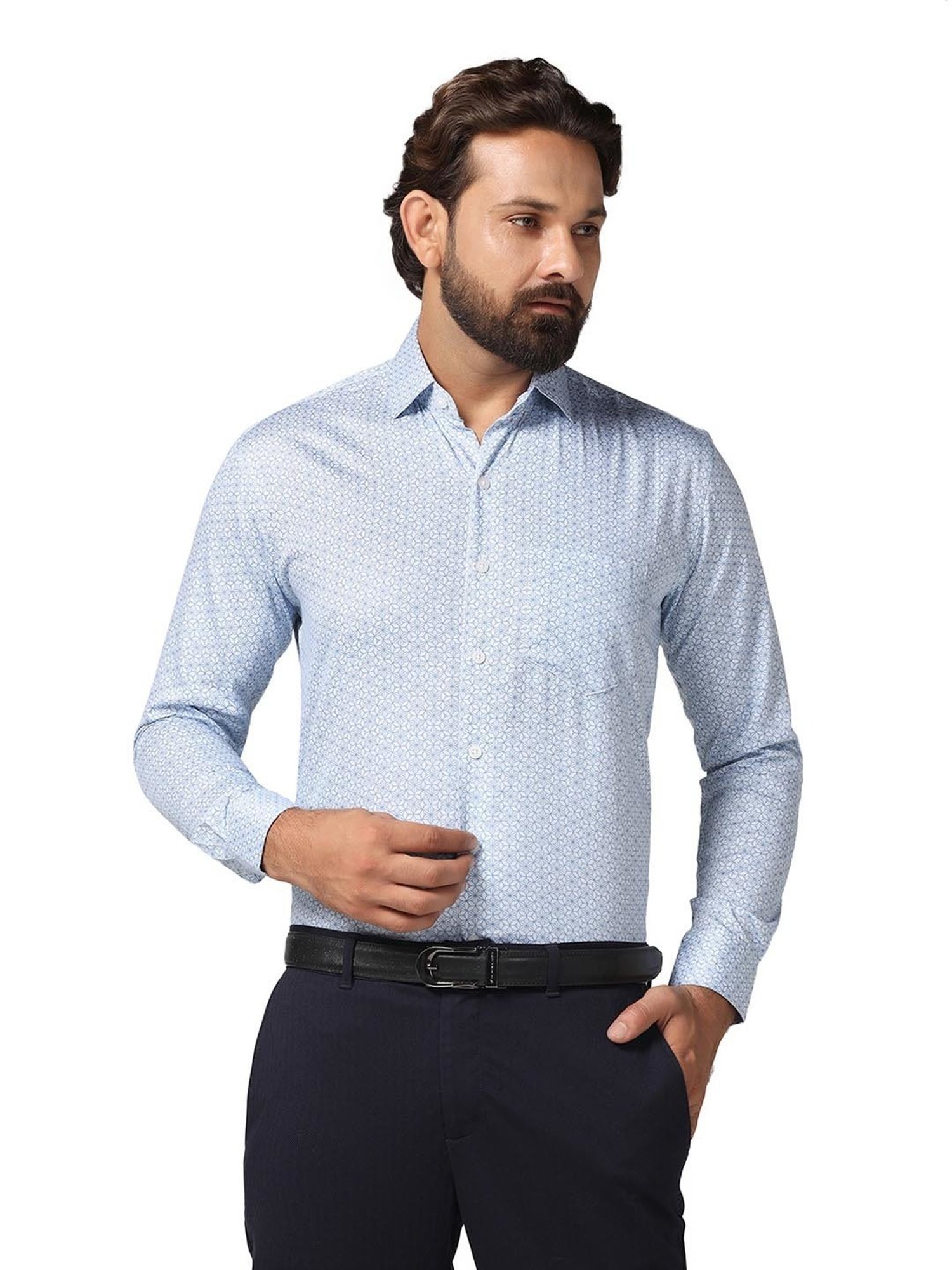 TAHVO Light Blue Slim Fit Printed Shirt