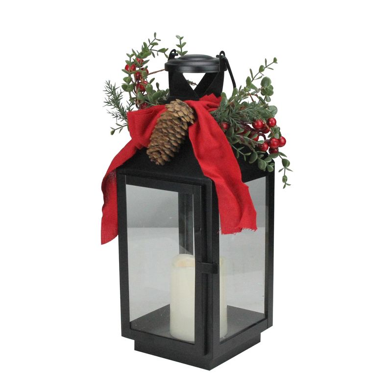 Gerson 16" Holly Lighted Lantern with Timer Christmas Decoration - Black Metal