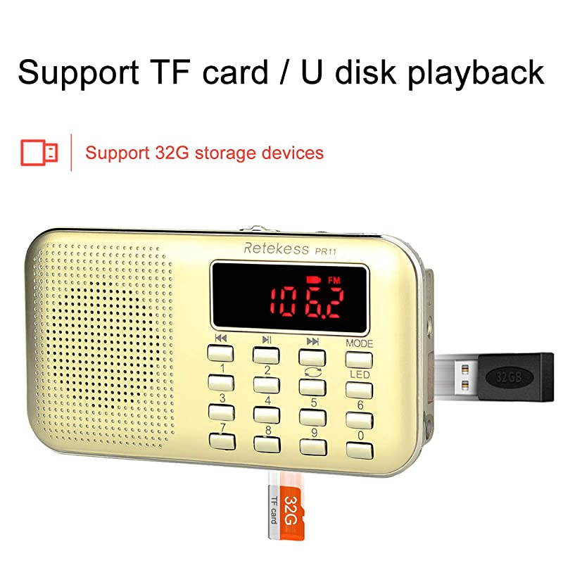 PR11 AM FM Radio Portable Rechargeable Transistor Radios Small with Headphone Jack MP3 Music Player Speaker Support Micro TF Card Gold