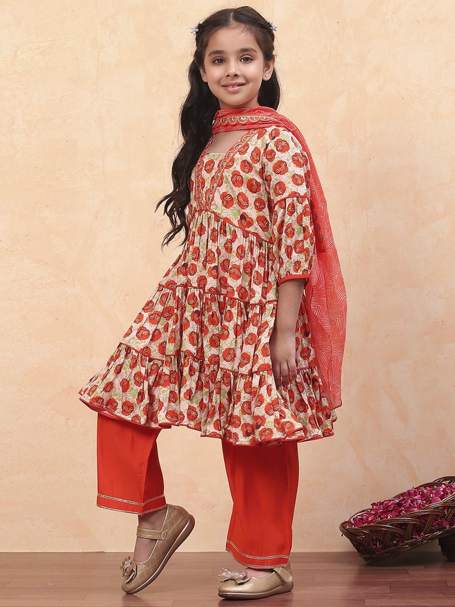 Biba Girls Orange Floral Print Suit Sets