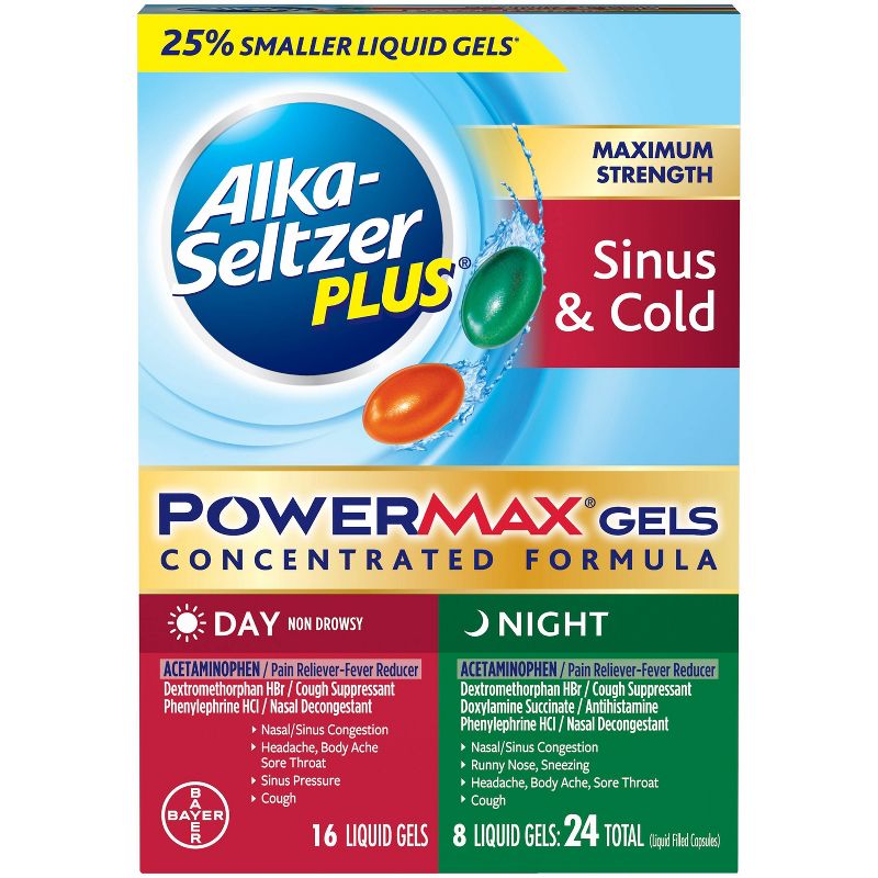 Alka-Seltzer Plus PowerMax Sinus & Cold Day/Night Liquid Gel Capsules - Acetaminophen - 24ct