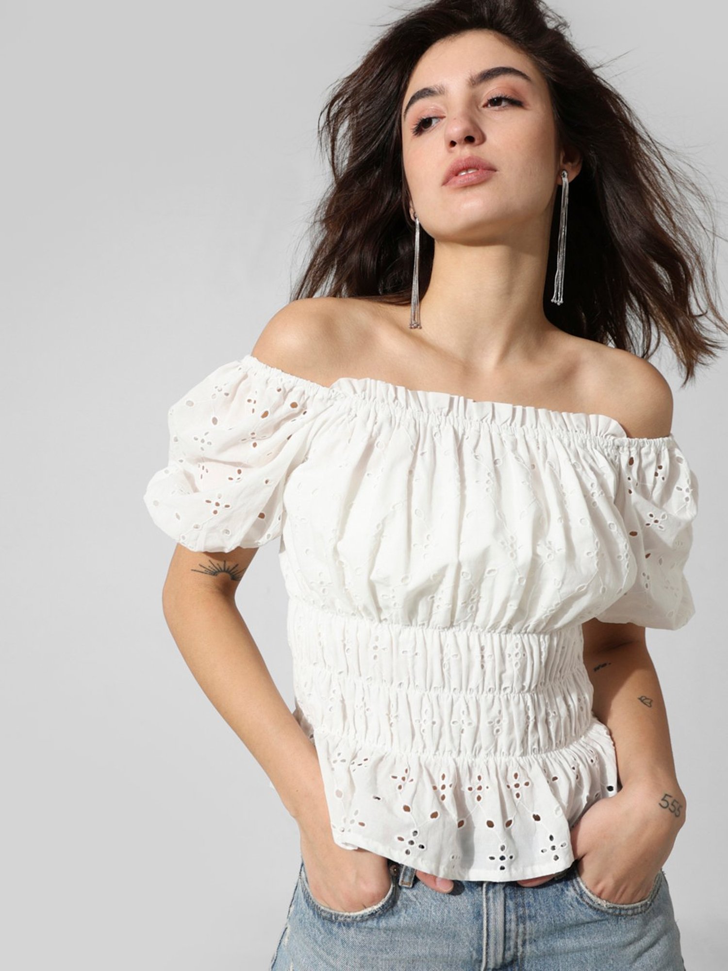 Only White Cotton Self Design Top