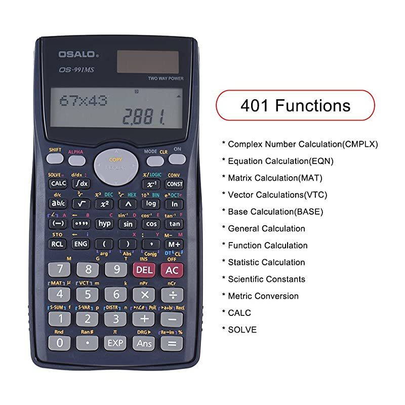 Scientific Calculator Counter 401 Functions Matrix Dot Vector Equation Calculate Solar and Battery Dual Powered 2 Line Display Business Office Middle High School Student SAT/AP Test Calculate