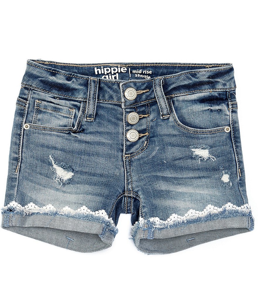 Hippie Girl Little Girls 4-6X Crocheted-Trim Denim Shorts