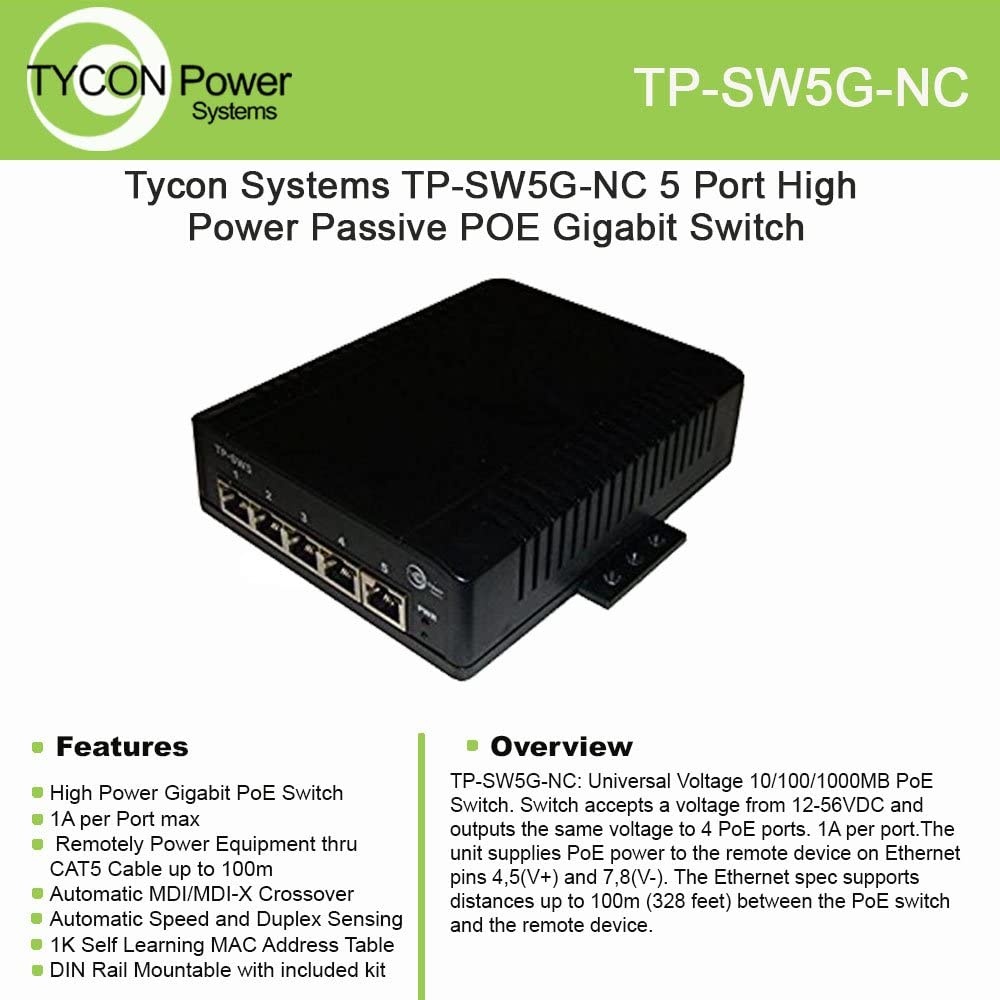 Tycon Systems TP-SW5G-NC 5 Port High Power Passive POE Gigabit Switch - 12-56V