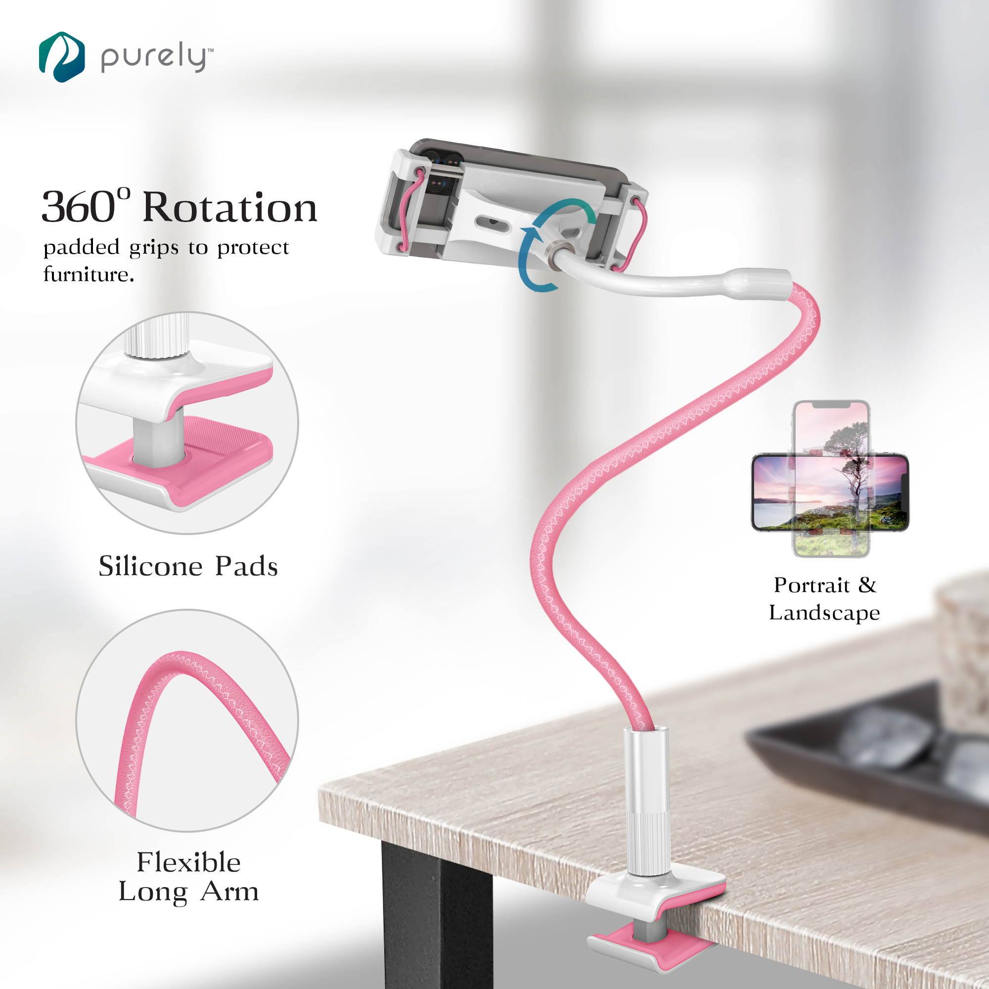 Purely Gooseneck Phone and Tablet Holder Deluxe | 39&rdquo; Flexible Arm with Clip Mount 4" to 12.9" Devices - Compatible with iPad Pro, Mini & Samsung Galaxy Tab - Desk, Bedside, Headboard Stand