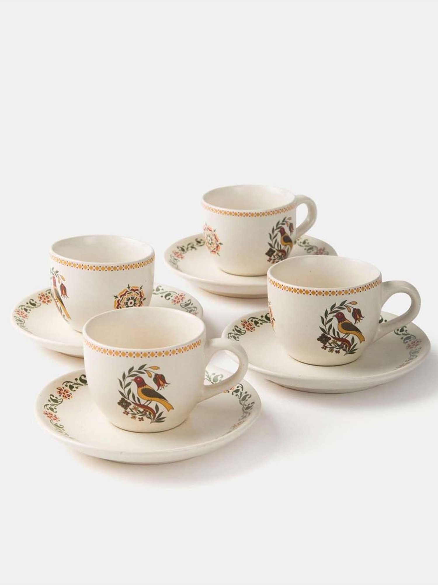 Fabindia Home Pushp Multicolor Ceramic Casted Cup & Saucer (180ml) - Set of 8