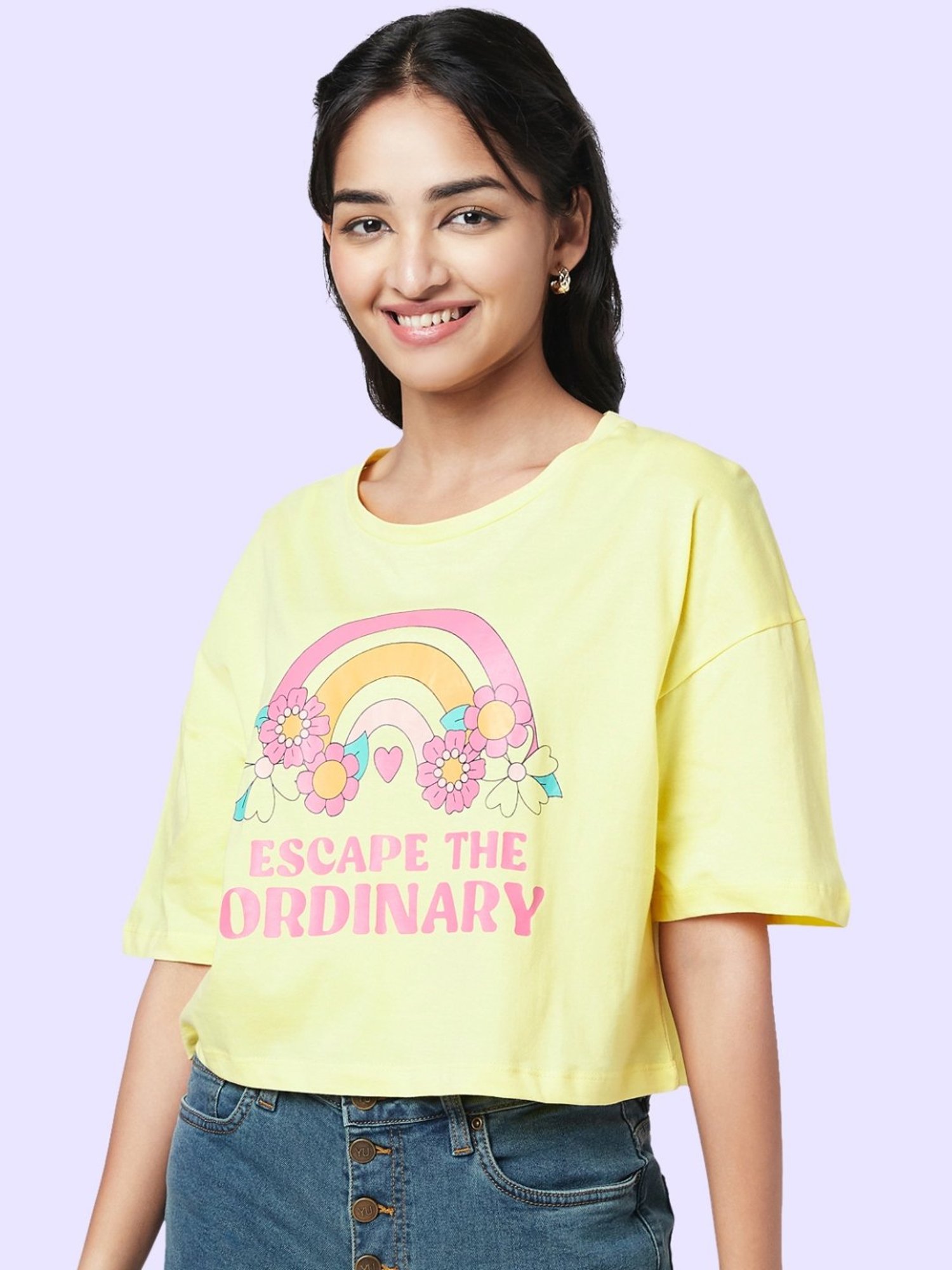YU by Pantaloons Yellow Cotton Graphic Print Top