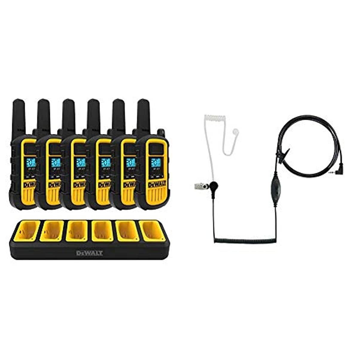 DEWALT DXFRS800 2 Watt Heavy Duty Walkie Talkies - Two-Way Radio with VOX (6 Pack w/Gang Charger) & DXFRSSV1 Headset for DXFRS300 and DXFRS800 Walkie Talkie Two-Way Radios, 2.5mm Earphone Jack