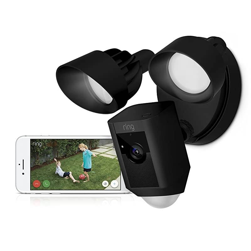 Floodlight Camera Motion-Activated HD Security Cam Two-Way Talk and Siren Alarm, Black, Works with Alexa