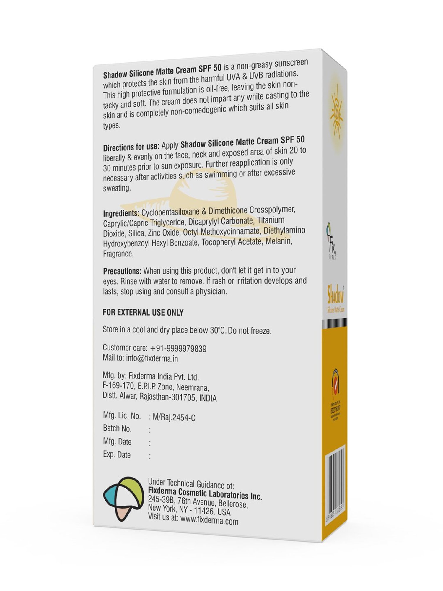 Fixderma Shadow Sunscreen Spf 50 Silicone Matte Cream, Broad Spectrum Protection - 50 ml