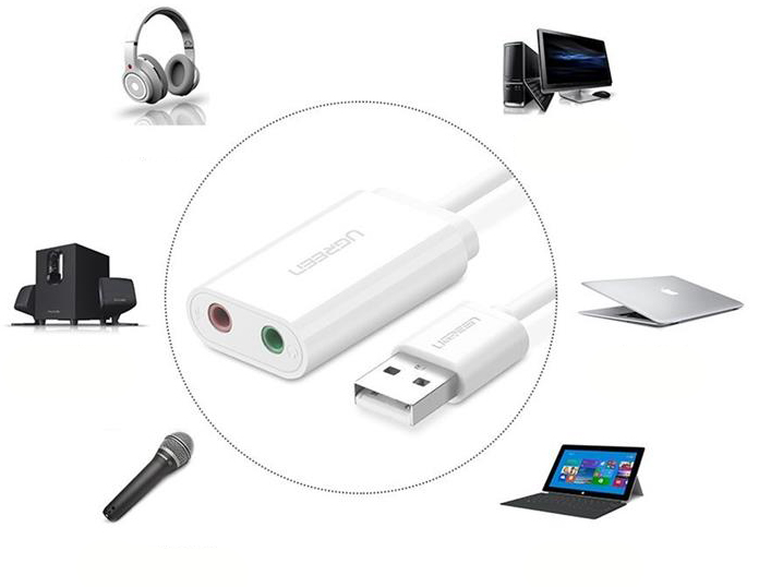 UGREEN USB Audio Adapter External Stereo Sound Card with 3.5mm Headphone and Microphone Jack for Windows Mac Linux PC Laptops Desktops PS5 White