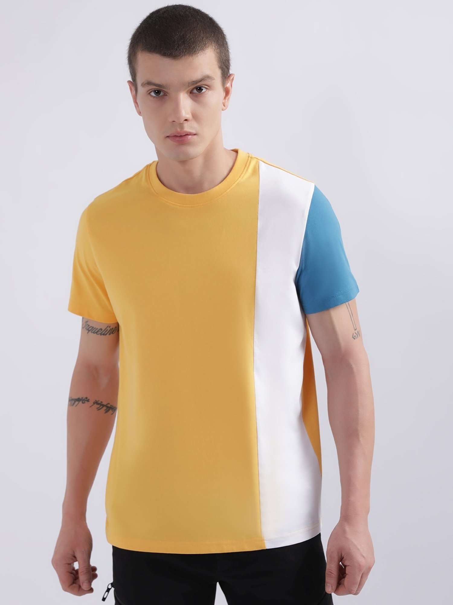 Iconic Yellow Cotton Regular Fit Colour Block T-Shirt