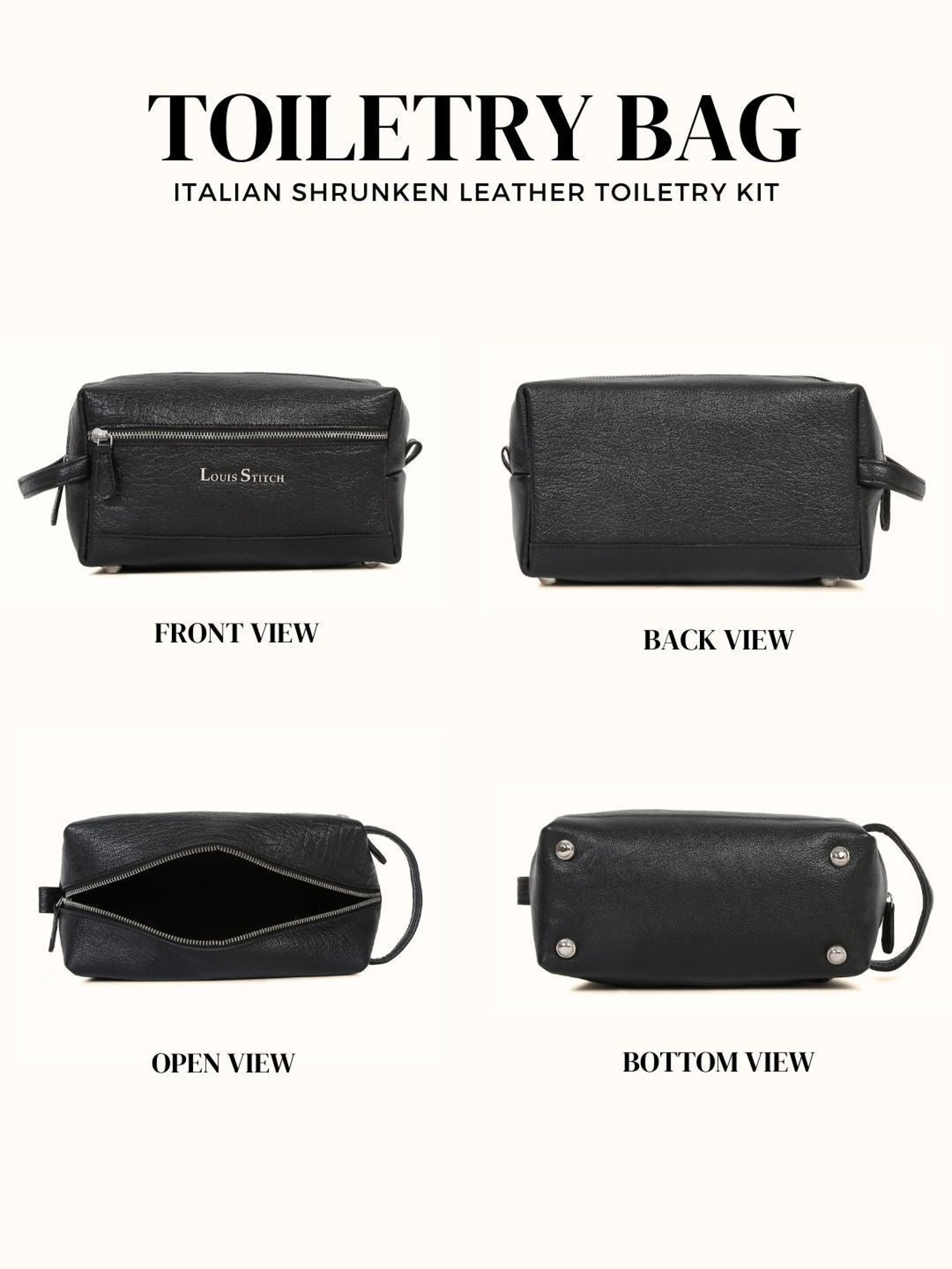 Louis Stitch Jet Black Leather Medium Toiletry Pouch