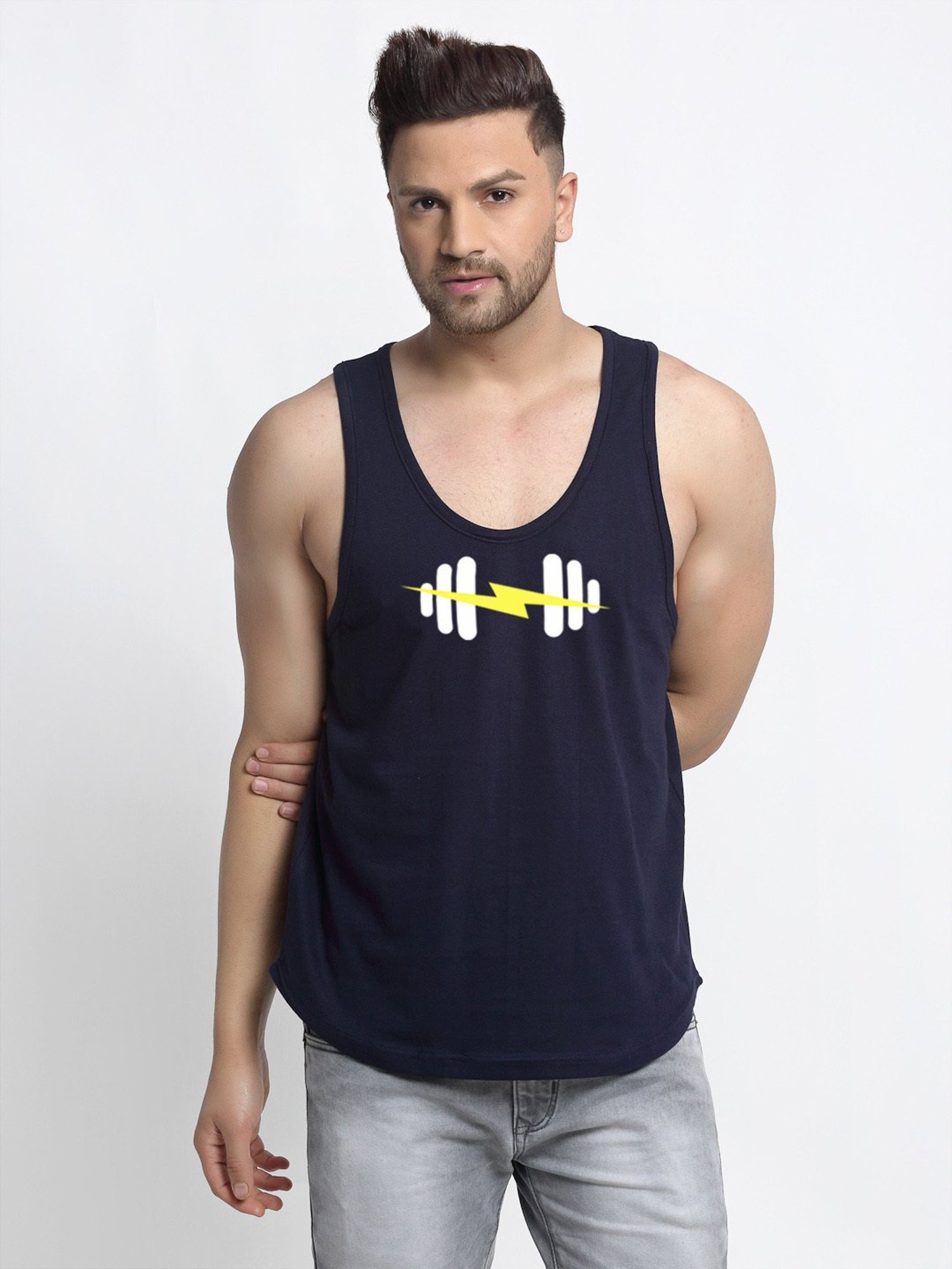 Friskers Navy Blue Regular Fit Graphic Sports Vest