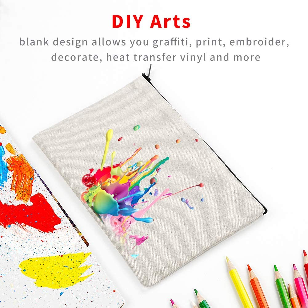 12 Pack Canvas Pencil Pouch DIY Craft Blank Makeup Bags with Zipper Bulk Multipurpose Cosmetic Travel Toiletry Bag 8 x 5 inches