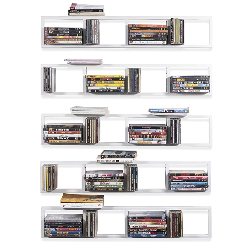 White Floating Shelves for Wall, 34 Inch Video Games CD DVD Storage Shelves, Metal Media Storage Shelf Set of 5